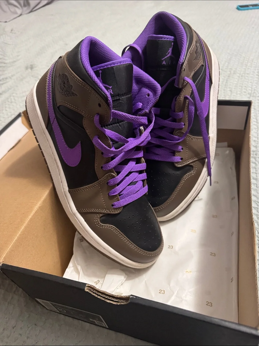 Men Jordan 1 High-Top Sneakers in Black, Brown & Purple - Athletic Casual